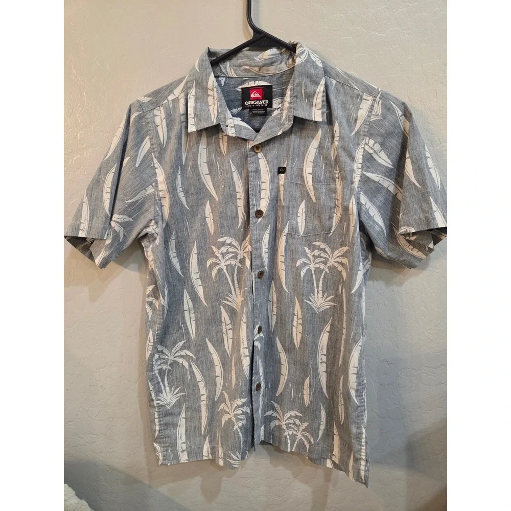 Quiksilver Boys Grey Palm Tree Surfboard Button Down Shirt Size Large 16-18